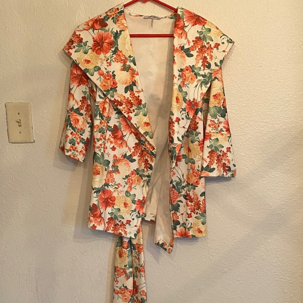 Floral Open Front Kimono Jacket with Tie Belt - Cream & Coral